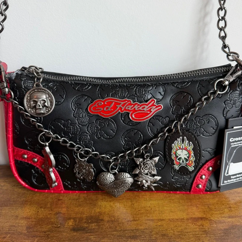 New Ed Hardy Black Red Croc Embossed Skull Crossbody Shoulder Handbag Y2K Charms